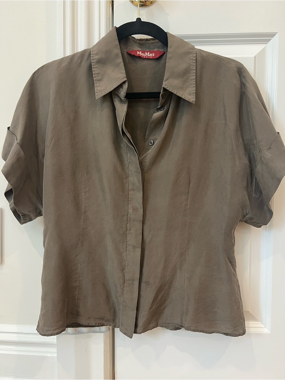 MaxMara Olive-Green Short Sleeve Button Front Silk Shirt